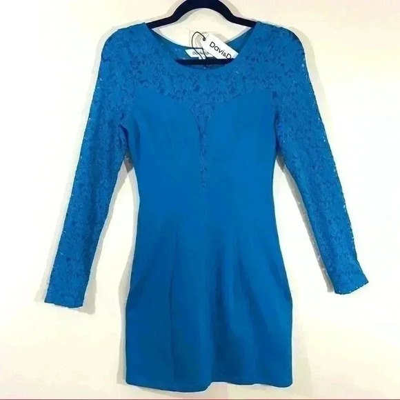 NWT Davi Dani 80’s Turquoise  Lace Long Sleeve Scoop Neck Mini Bodycon Dress (S) - Picture 1 of 12